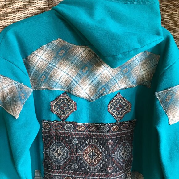 Upcycled Patchwork Jacket, Size L: Teal Tribal Zip-Up Hoodie, Southwest Aztec - Picture 16 of 16